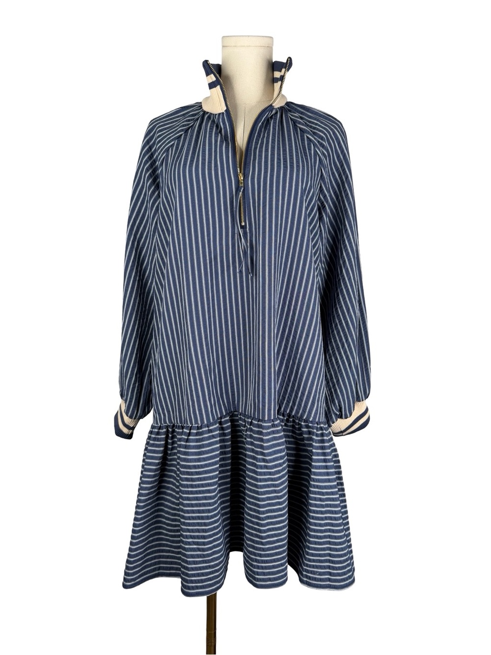Entro Navy and White Striped Quarter-Zip Drop Waist Dress Small